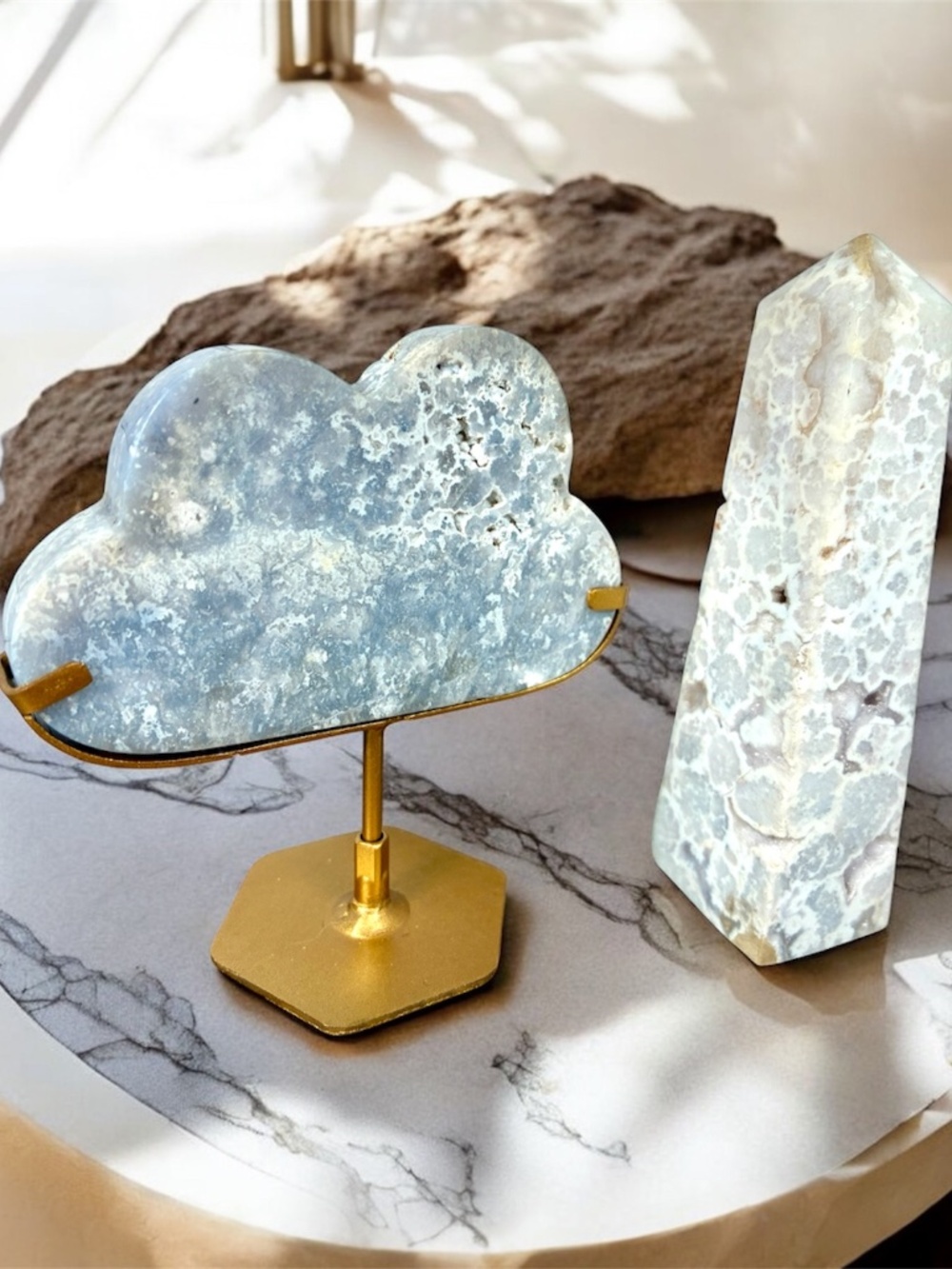 Blue Plume Agate Cloud & White Plume Agate Tower • Collector Crystal Set